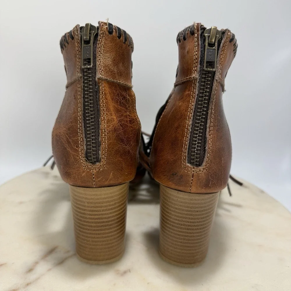 Roper Women's Sanded Brown Leather Bettina Peep Toe Fringe Bootie Size 11